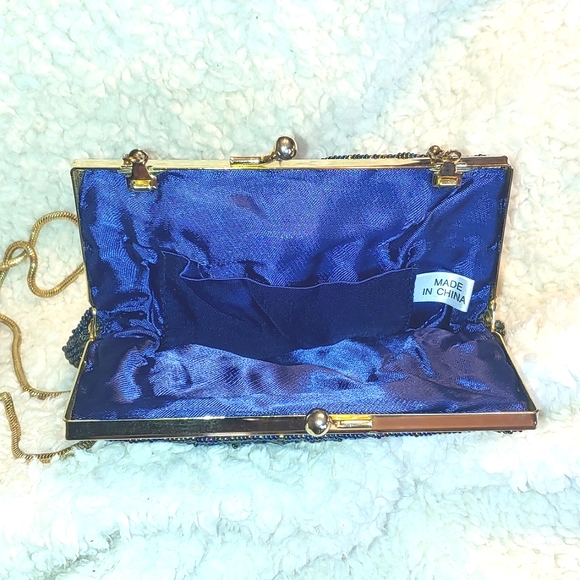 Vintage Iridescent Blue Beaded Dressy Evening Clutch with Gold Chain - Picture 2 of 3